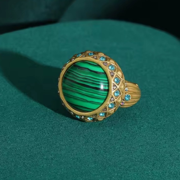 Couture Malachite&Crystal Ring Bold Luxury Statement Piece - Picture 2 of 4